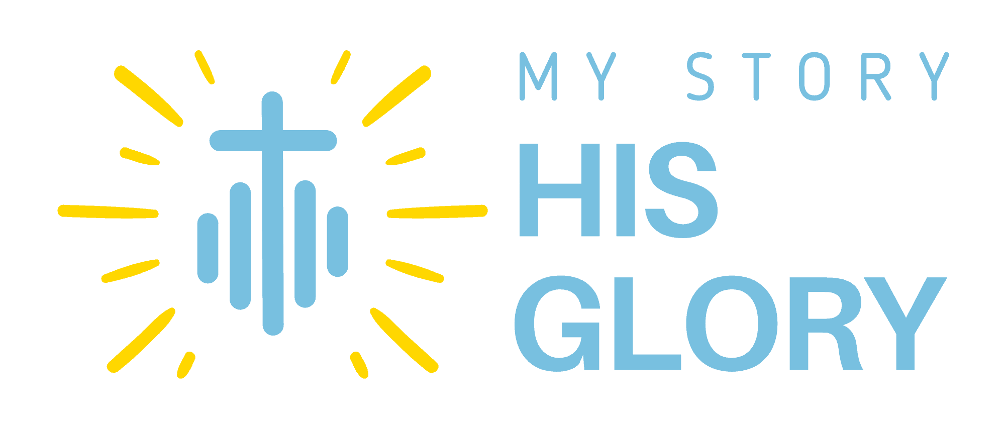 Logo with a cross and sound waves on the left, surrounded by yellow lines. Text on the right reads "MY STORY HIS GLORY" in uppercase blue letters.