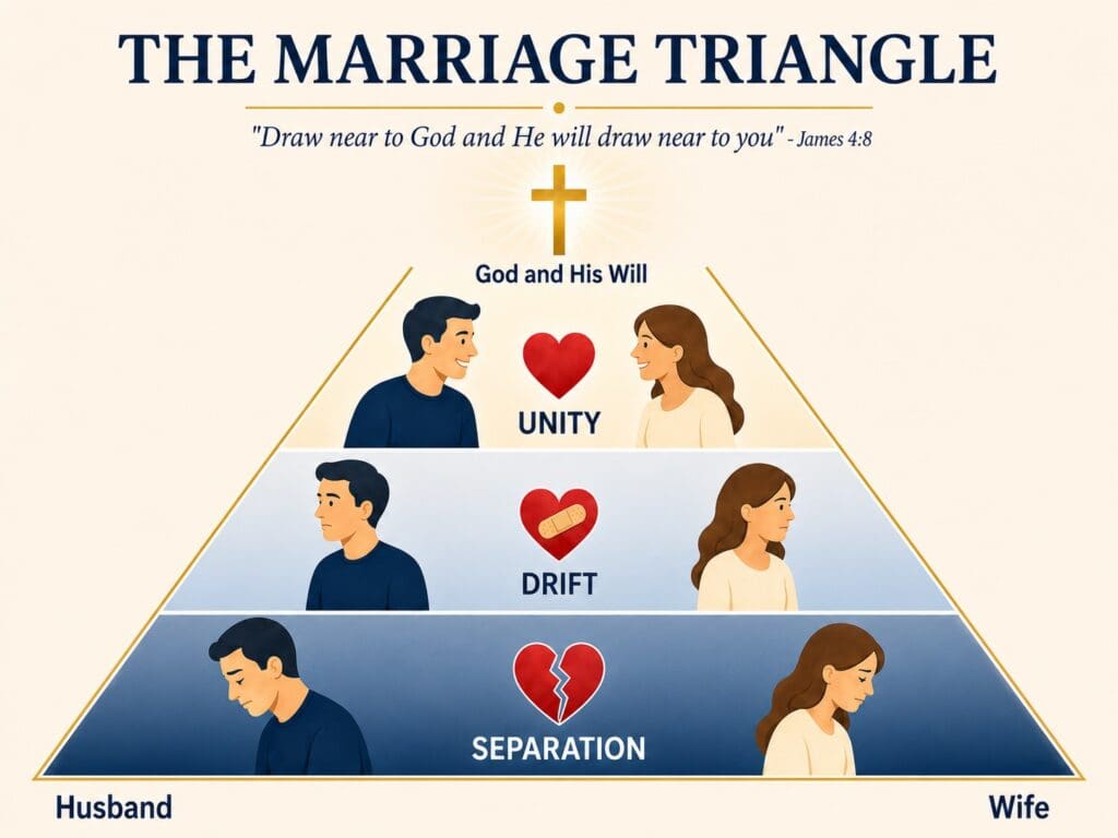 A pyramid diagram titled "The Marriage Triangle" shows three levels: unity (husband and wife together near a cross, symbolizing repentance), drift (husband and wife apart), and separation (far apart with a broken heart).