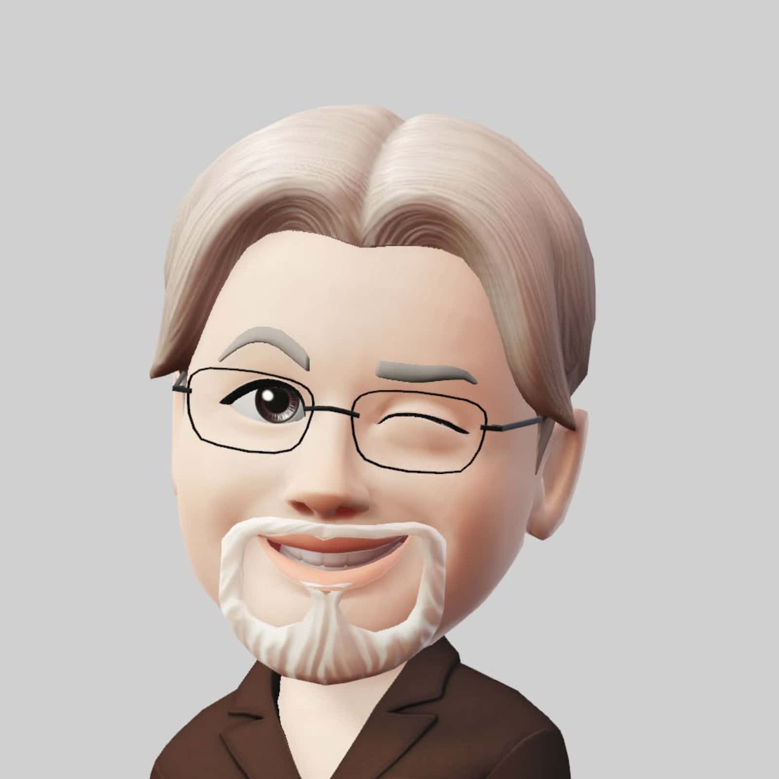 3D cartoon avatar of a smiling person with light skin, white hair and beard, glasses, and wearing a dark jacket, winking with one eye closed, on a gray background.