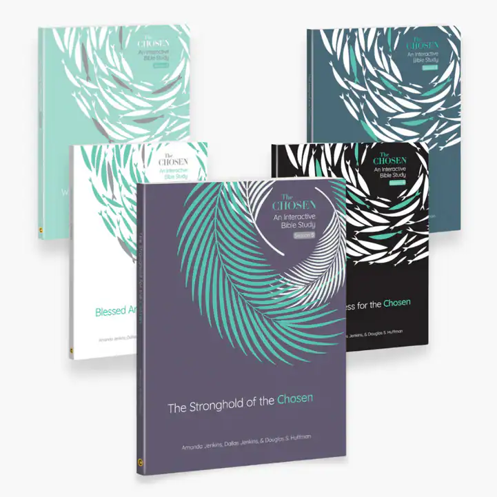 Five books from "The Chosen: An Interactive Bible Study Series" stand upright, each with abstract feather-like cover designs in teal, gray, and white tones—a collection that deepens faith through thoughtful exploration.