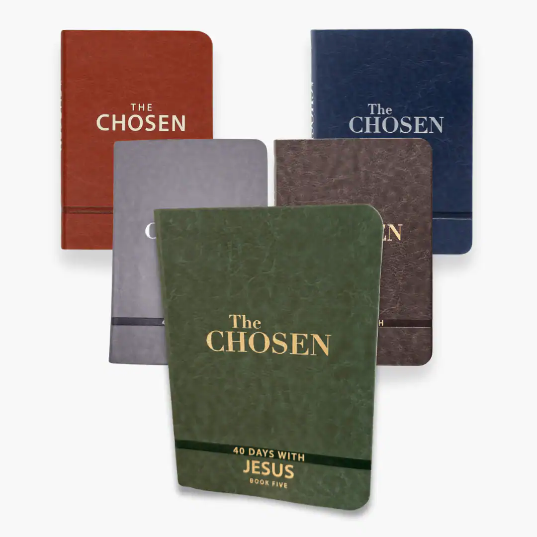 Five leather-bound devotional journals titled "The Chosen" in various colors—brown, blue, gray, dark brown, and green. Inspired by The Chosen TV series' gospel portrayal, the green journal reads "40 DAYS WITH JESUS BOOK FIVE" in gold lettering.