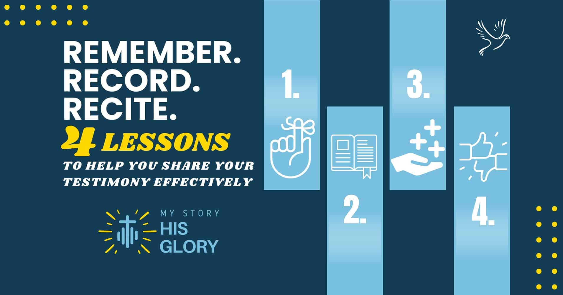 Graphic with the text “Remember. Record. Recite. 4 Lessons to help you share your testimony effectively” and numbered icons illustrating steps 1 to 4, with a logo reading “My Story His Glory.”.