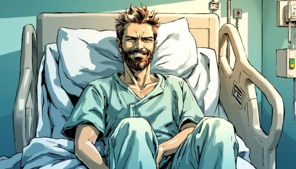 Artist rendering: Richie in hospital scrubs sits up in his bed, smiling, reflecting on God's grace, and the effectiveness of prayer for physical healing.