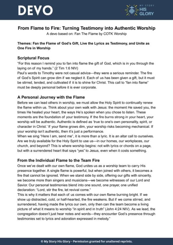 A devotional document titled "From Flame to Fire: Turning Testimony into Authentic Worship" discusses themes of God’s gift, testimony, and unity through worship, with scriptural focus on 2 Timothy 1:6 and sections on personal journeys and revival.