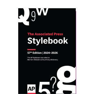 Cover of "The Associated Press Stylebook, 57th Edition, 2024–2026" featuring large white letters and numbers on a black background with red and white text.