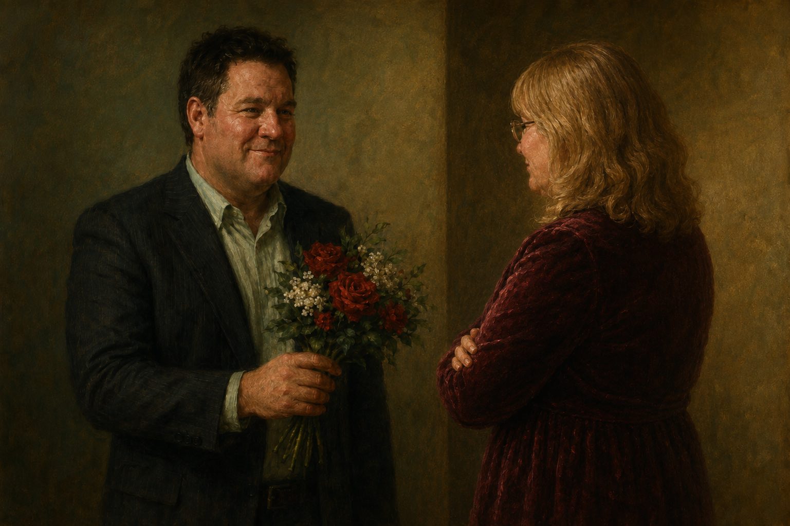 A man in a dark suit holds a bouquet of red and white flowers, smiling at a woman in a maroon dress with folded arms. They stand indoors, facing each other against a softly lit wall.