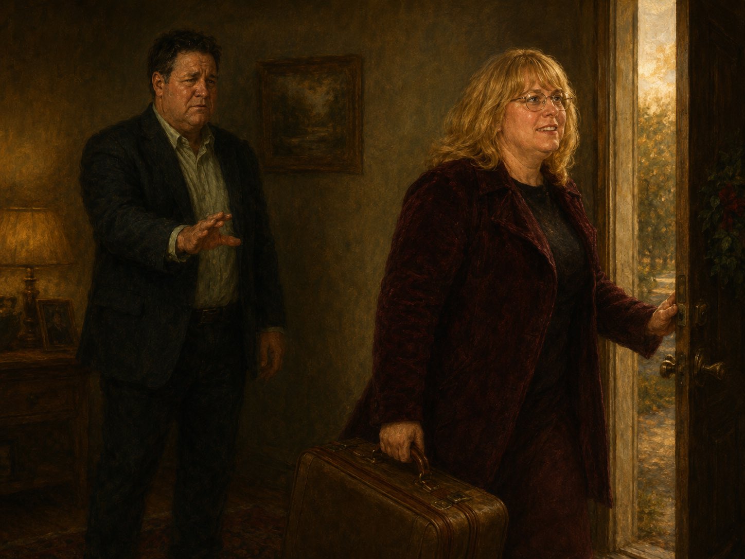 A woman with blonde hair and glasses carries a suitcase while opening a door to leave, as a man in a suit stands behind her with his arm slightly outstretched, appearing concerned, in a warmly lit room.